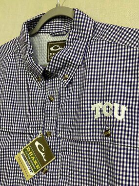 Campus Specialties TCU Men's Large Purple White Short Sleeve Button Down Plaid